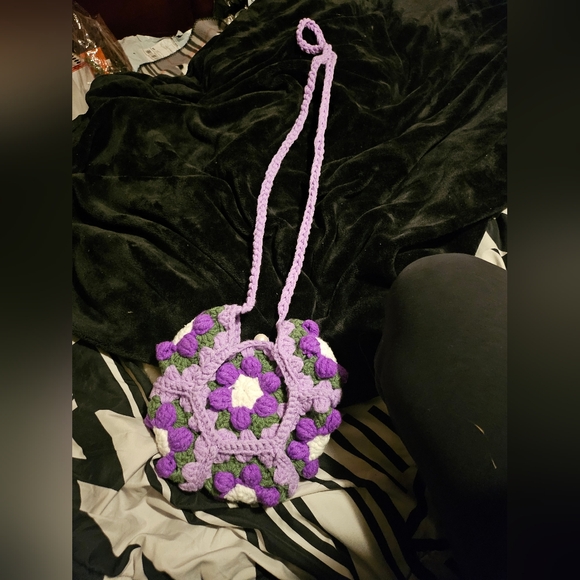 Hand Crafted Handbags - Handcrafted Double-Sided Purple Puff Flower Patchwork Mini Crossbody Bag